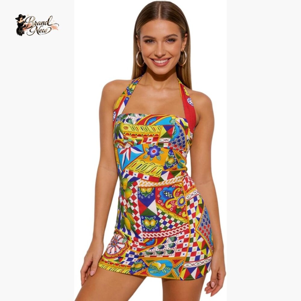 Polyester Elastane Halter Mini Dress Backless Bod… - image 1